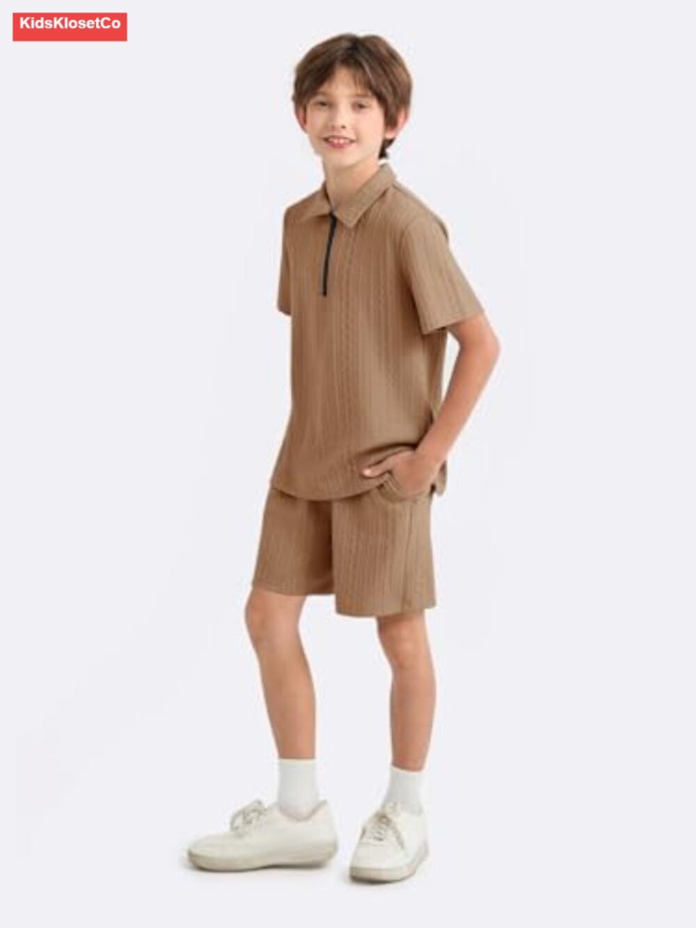 Boys 2-Piece Summer Outfit Quarter Zip Polo Shirt & Shorts Set Athletic - Picture 3 of 6